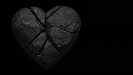 broken black heart shaped rock on dark background