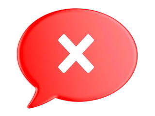 Fototapeta premium A Bold Red Speech Bubble Decisively Displays A White X, Symbolizing Rejection, Cancellation, Or A Clear Negative Response In A Simple, Glossy Design Isolated on Transparent Background