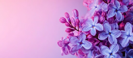 Close up of blooming lilac flowers in shades of purple and blue on a gradient pink background with ample area for text placement.