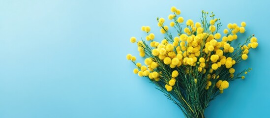 Bright yellow mimosa flowers arranged on the right side against a soft blue background with ample copyspace for text and festive occasions.