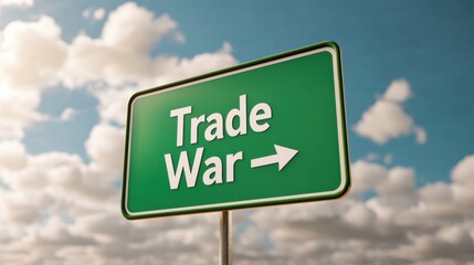 A green directional sign indicating "Trade War" against a backdrop of clouds.