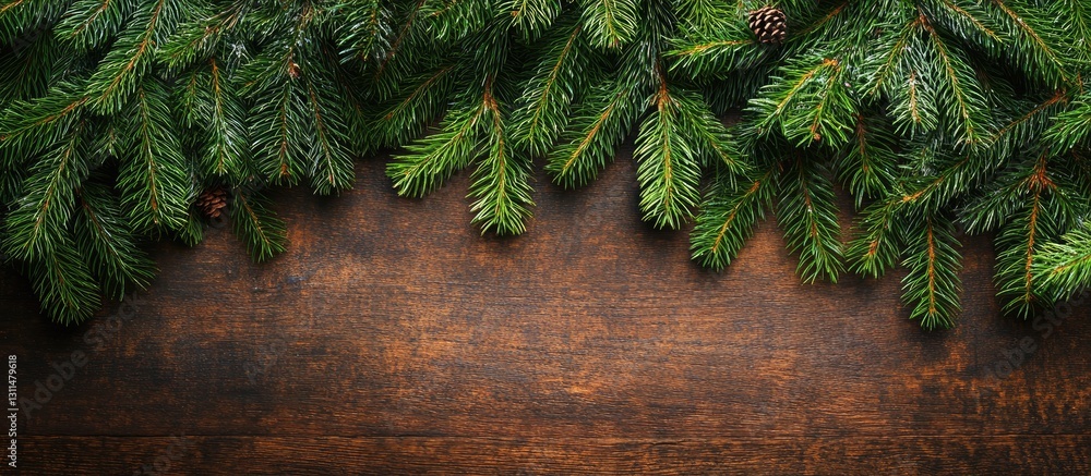 Poster Fluffy green pine tree branches frame the top of a rustic wooden table, creating a winter holiday vibe with ample copy space below.
