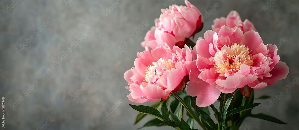 Aufkleber delicate pink peonies with light green leaves arranged elegantly on a textured gray backdrop creatin
