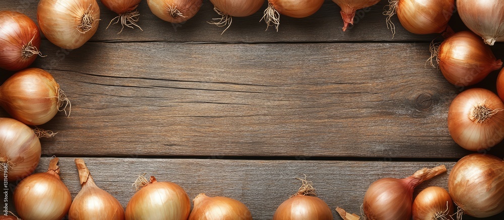 Aufkleber fresh brown onions arranged in a rectangular frame on a rustic wooden surface with a warm brown hue,