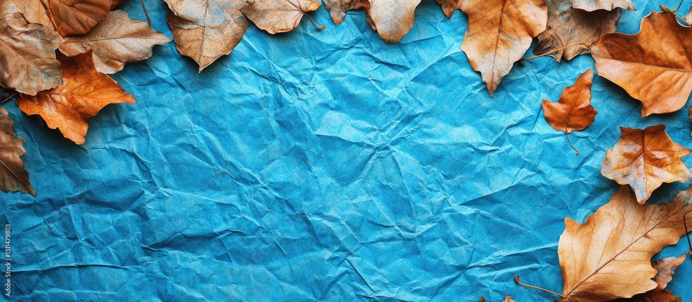 Poster crumpled blue paper positioned centrally with dry orange and brown autumn leaves framing the top and