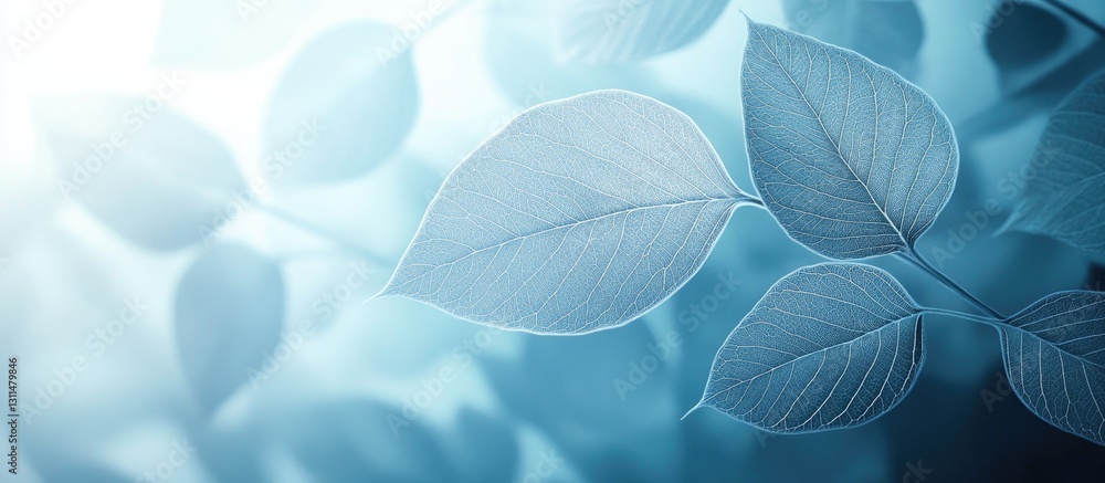 Poster translucent skeleton leaves in soft blue tones create a calming abstract backdrop with gentle light 