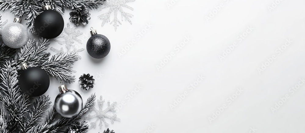 Poster elegant christmas flat lay featuring black and silver ornaments nestled among frosted pine branches 