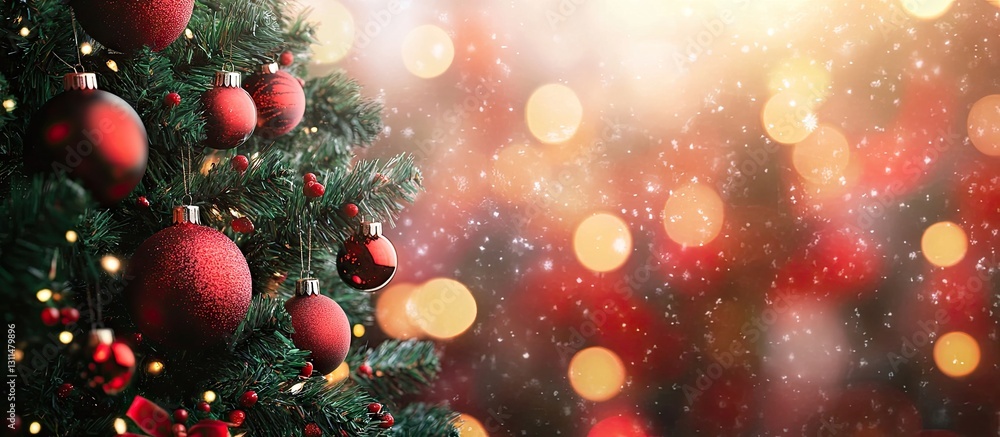 Poster Christmas tree adorned with red ornaments and sparkling lights in soft focus glowing background of warm golden and red bokeh effects