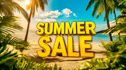 Obraz premium Hot summer sale flyer design. Beautiful view on sandy beach near sea and text