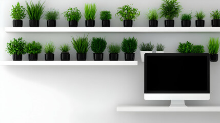 Modern Minimalist Home Office 3D Illustration with Potted Plants and