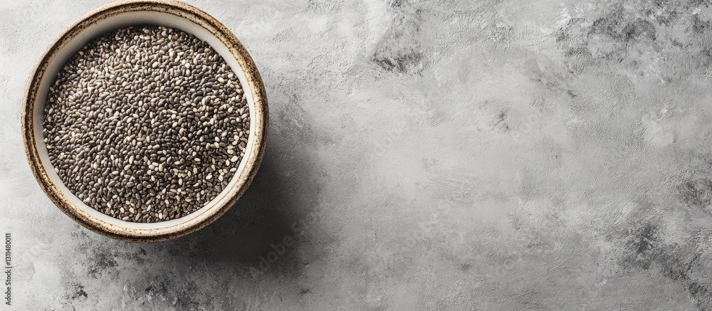 Poster chia seeds in a rustic bowl on a textured gray surface with clean space on the right for detox dieti