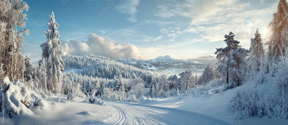 Poster Snowy winter landscape featuring white snow-covered trees and a winding path in the foreground under a clear blue sky with soft clouds in the background.