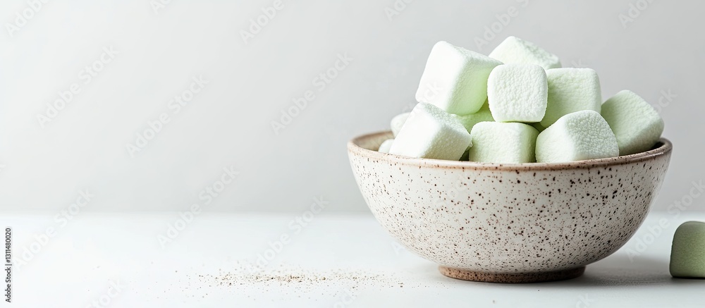 Poster Delightful green hojicha marshmallows in a speckled bowl on a light background with soft lighting and a touch of earthy texture on the surface.