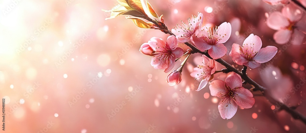 Aufkleber Delicate cherry tree branch adorned with soft pink blossoms against a warm, softly blurred background with sparkling bokeh effects.