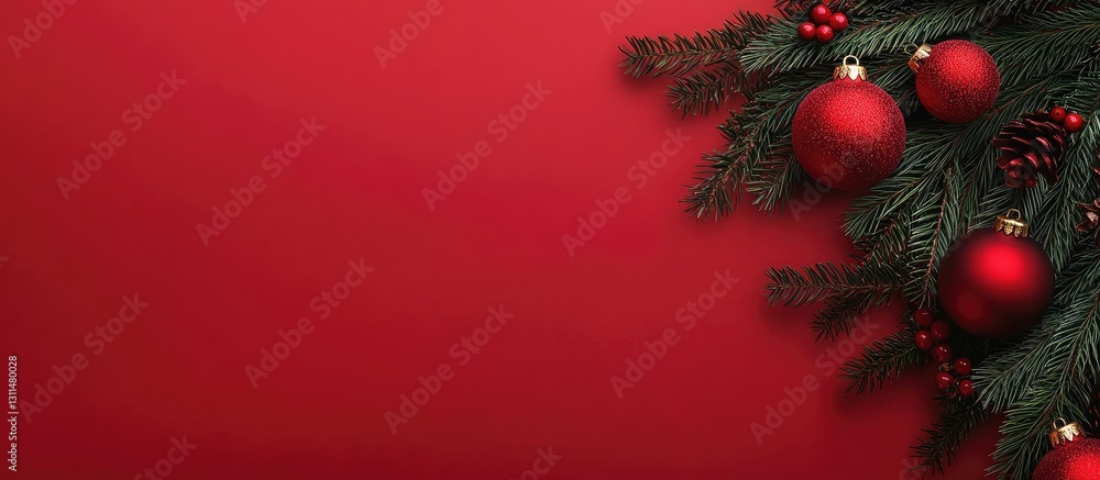 Poster red christmas ball decorations and evergreen branches arranged in a minimalist flat lay on a vibrant