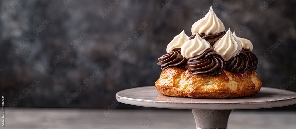 Poster chocolate choux pastry topped with dark and light whipped cream swirls on a gray cake stand against 