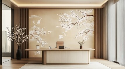 Modern office with blossom mural, city view (2)