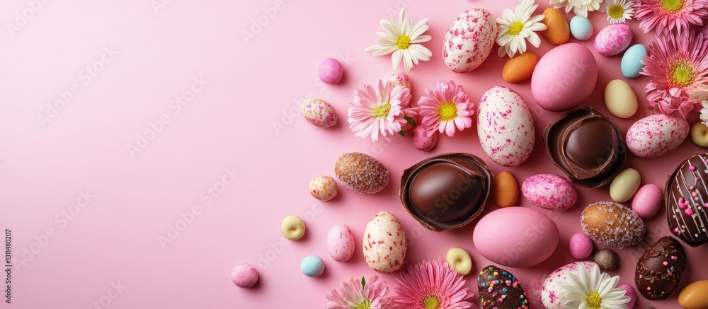Poster colorful assortment of chocolate easter eggs assorted candies and spring flowers arranged on a soft 
