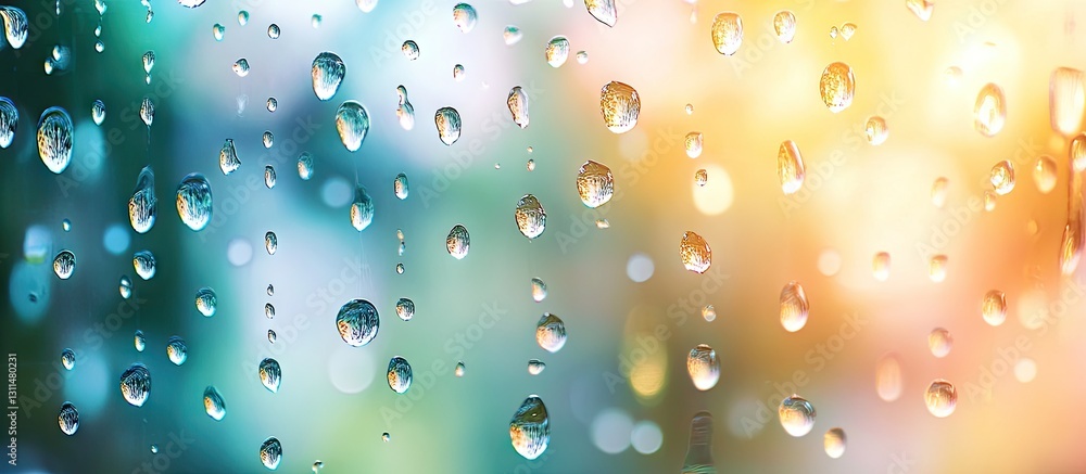 Poster water droplets on a blurred background with soft blue and orange hues creating a serene morning atmo