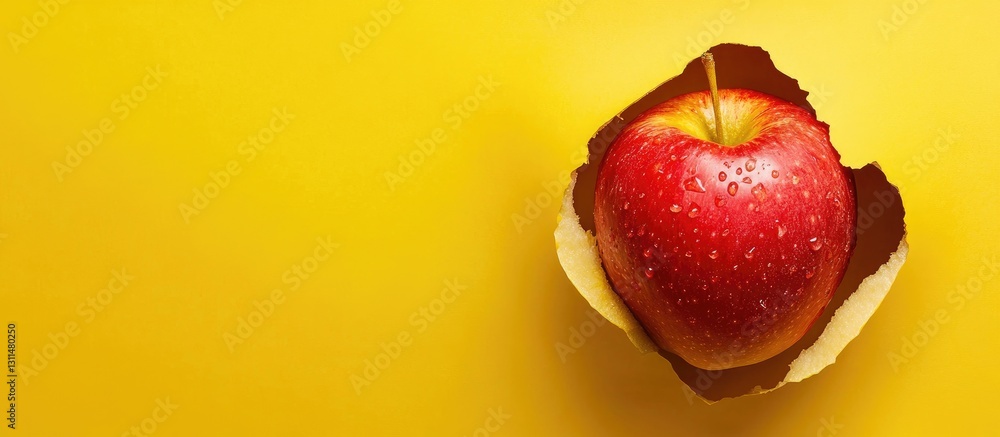 Poster vibrant red apple with droplets emerging from yellow torn paper background showcasing fruit benefits