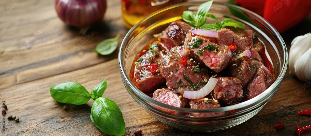 Poster sliced boneless lamb steak marinated with herbs and spices in a transparent bowl on a wooden table s