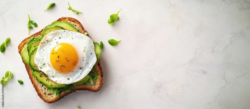 Poster Avocado sandwich with poached egg on toasted bread positioned in the center against a light marble background with space for text on the left