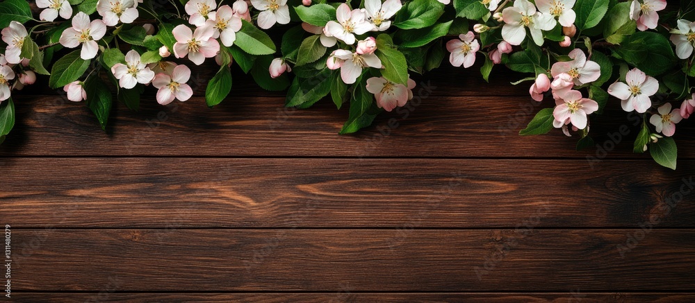 Poster spring apple tree blossoms with lush green leaves arranged on a dark wooden surface, creating a vibr