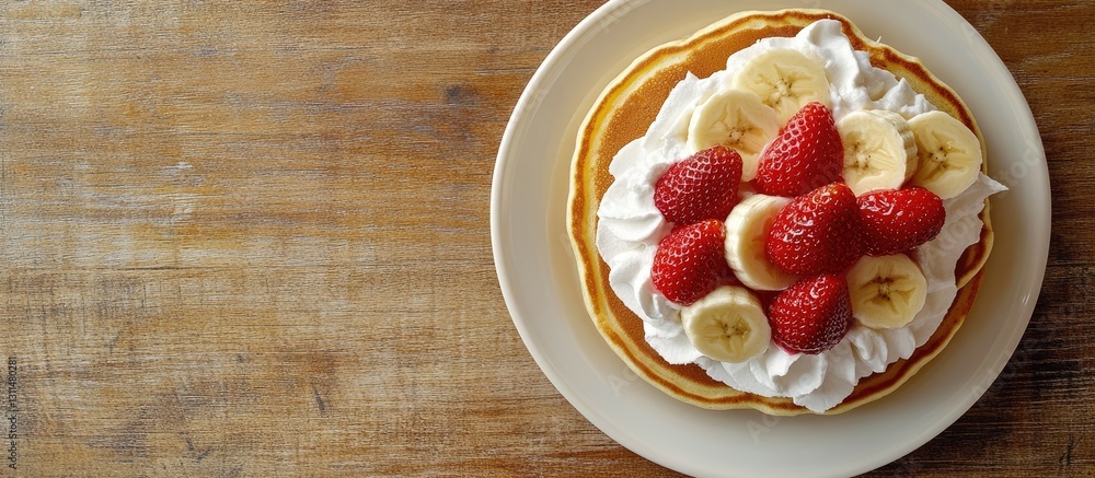 Poster delicious stack of pancakes on a white plate topped with whipped cream strawberries and banana slice
