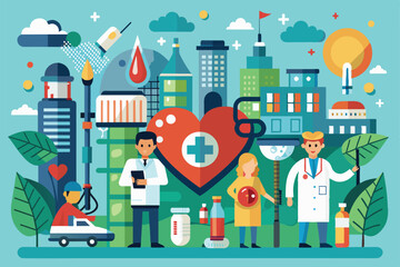 Naklejka premium Professionals engage in public health efforts, highlighting innovative solutions for community health challenges, Public health Customizable Disproportionate Illustration