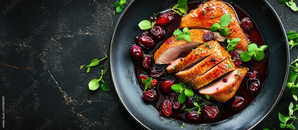 Aufkleber baked duck fillet garnished with green herbs served on a black plate with plums and cranberries in r