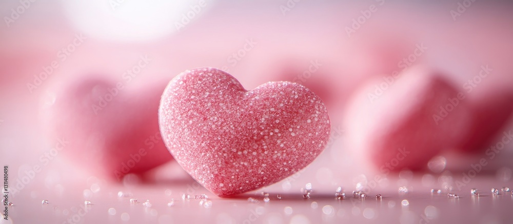 Poster Close-up macro shot of pink heart-shaped candy with sparkling texture on a soft pink background, highlighting selective focus on the foreground candy.