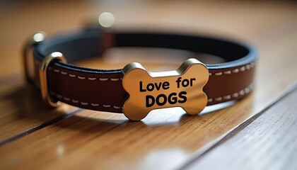 Close-up of a dog collar with a bone-shaped tag on a wooden floor, symbolizing love for dogs