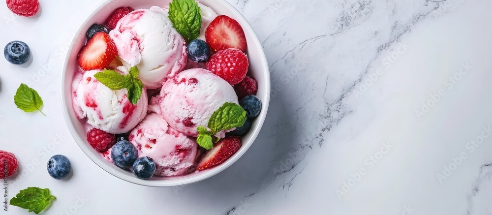 Poster bowl of berry ice cream with strawberries raspberries blueberries and mint leaves on marble backgrou