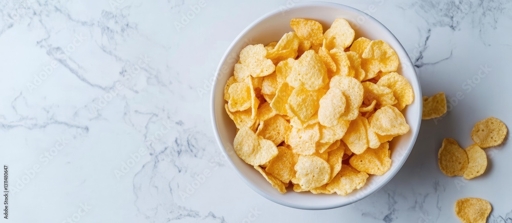 Poster bowl filled with crispy cornflakes on a light marble background with scattered flakes in yellow tone