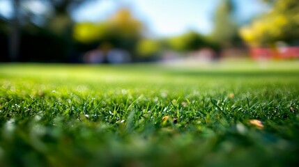 Naklejka premium Vivid Green Grass Close Up, Nature Background, Soft Focus On Landscape, Bright Daylight