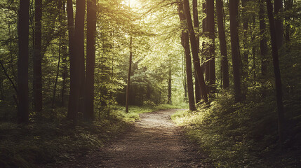Obraz premium Sunlit forest path leading into dense trees, creating serene atmosphere
