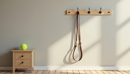 Dog leash hanging on wall with tennis ball on nightstand in a cozy home interior, with copy space