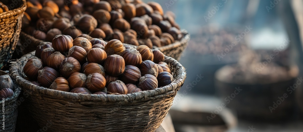 Poster chestnuts in woven baskets displayed in a market with warm earthy tones and soft lighting highlighti