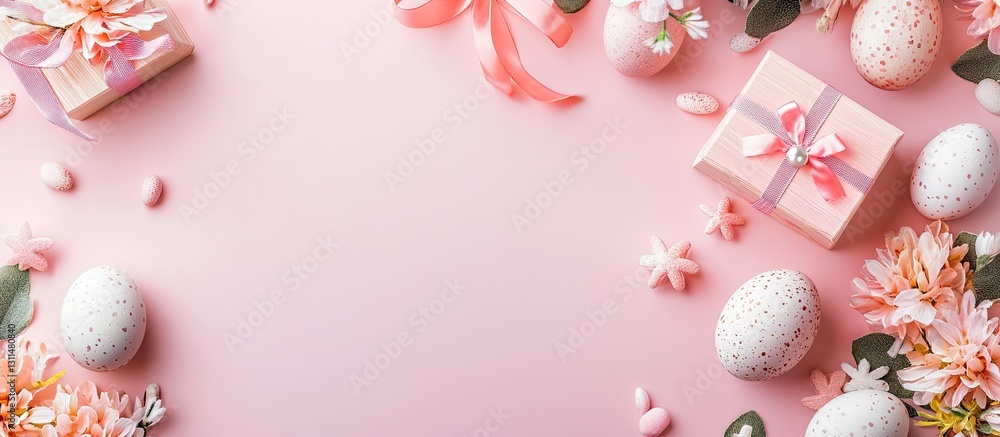 Aufkleber pastel pink backdrop with wooden easter eggs flowers and ribbons surrounding gifts arranged in a fla