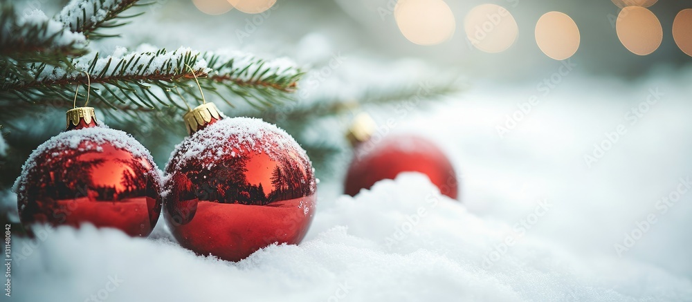 Poster Christmas tree adorned with red ornaments nestled in a blanket of snow capturing festive cheer in a shallow depth of field with bokeh lights.