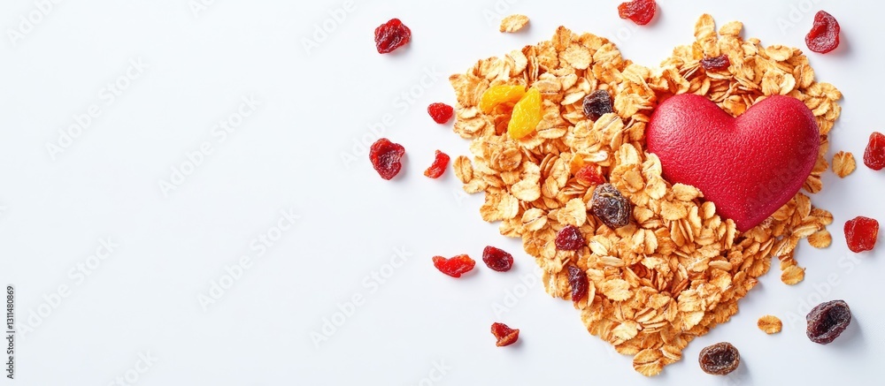 Poster heart-shaped red flakes surrounded by golden oat clusters and assorted dried fruits on a light white