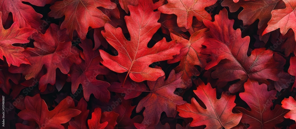 Poster vibrant red oak leaves scattered on a dark background showcasing autumn hues with intricate leaf pat