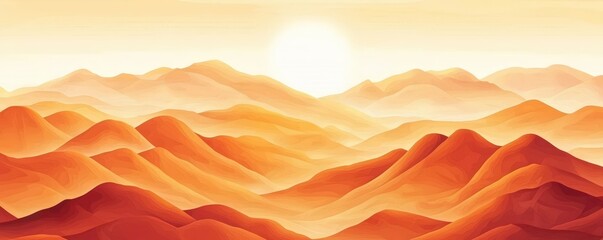 Fototapeta premium A warm, orange-hued landscape featuring rolling hills under a glowing sun at dawn or dusk.