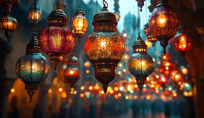 Colorful Intricate Lanterns Hanging in a Vibrant Bazaar

