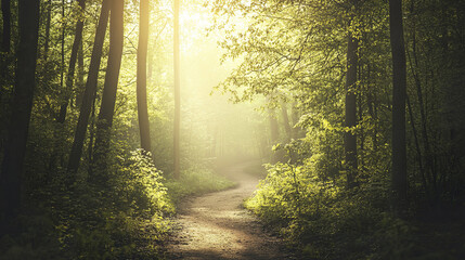 Fototapeta premium Sunlit forest path winding through dense trees