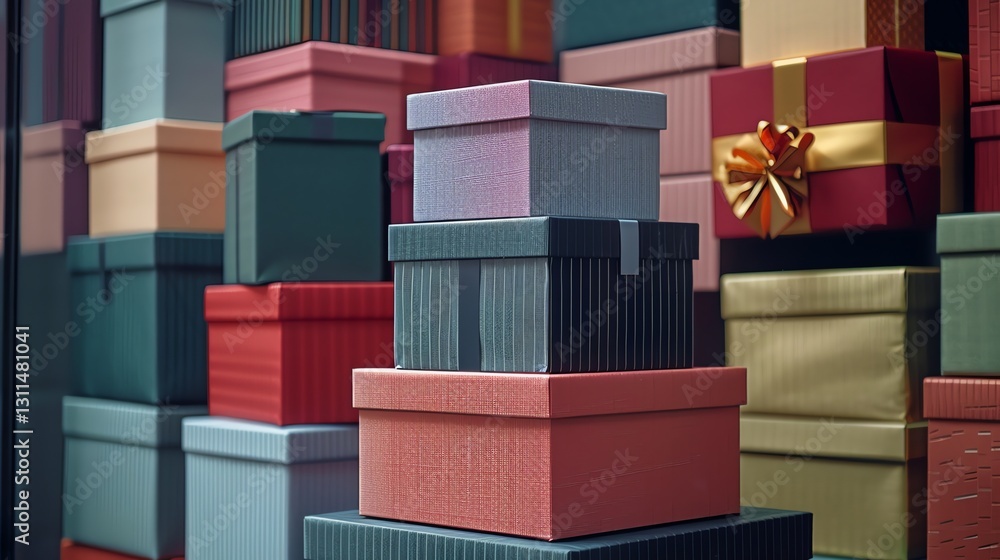 Aufkleber a stack of gift boxes in various colors and patterns.