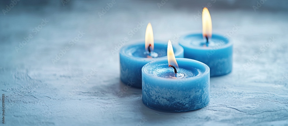 Aufkleber Burning blue candles in varying heights on a textured light blue background with soft shadows creating a serene atmosphere and space for text.