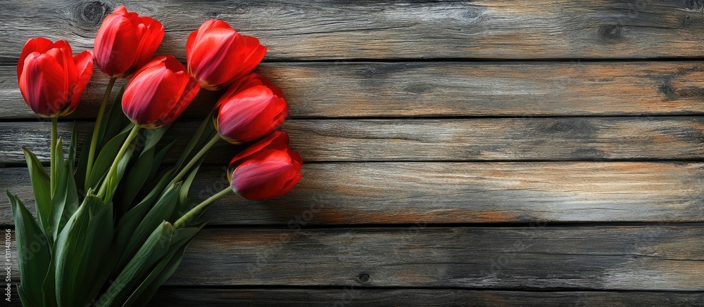 Poster red tulips arranged on distressed wooden boards with space for text on the right side creating a rus