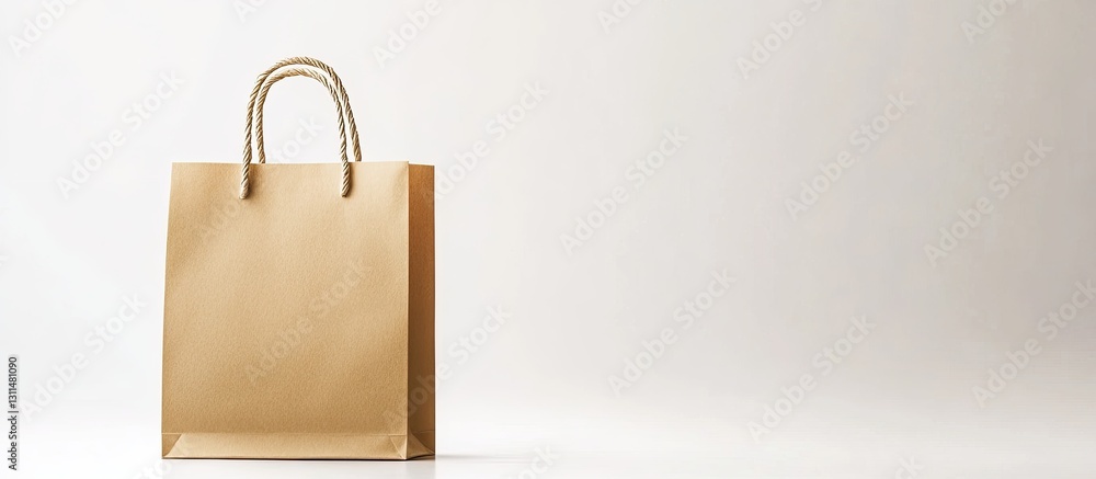 Poster Brown paper bag with cord handle centered against soft white gradient background highlighting texture and simplicity of eco-friendly packaging.