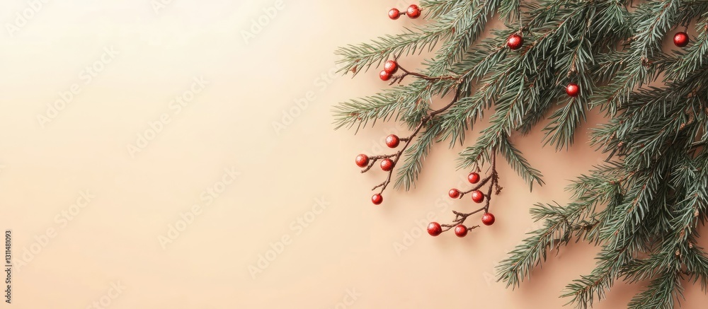 Poster Spruce branch with red berries on a soft pastel background creating a framed composition ideal for Christmas-themed designs and decorations